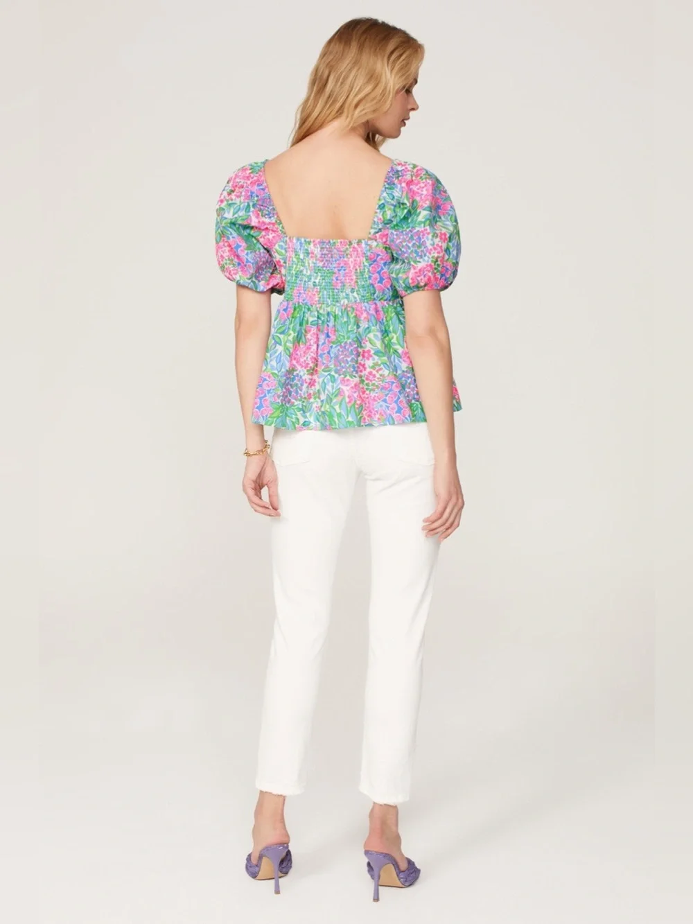 Lily Pulitzer Floral Puff-Sleeve Square Neck Top - Pink & Green